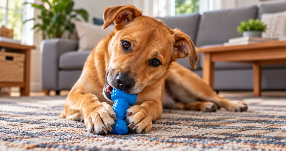 Cachorro caramelo mordendo brinquedo azul