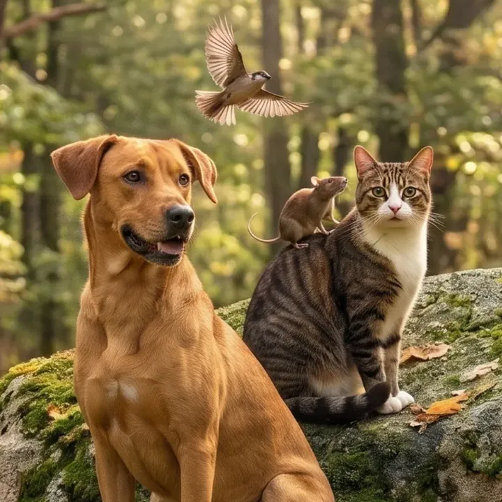 Cão, gato, rato e passarinho juntos sobre uma pedra na floresta