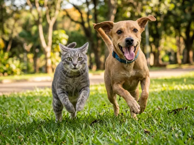 Gato e cachorro correndo juntos no gramado