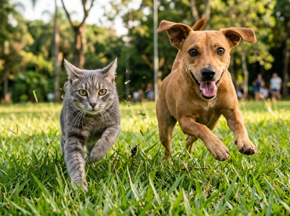 Gato e cachorro correndo juntos no gramado