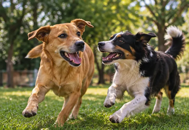 Dois cachorros brincando no gramado