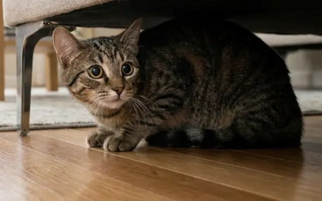 Gato tigrado assustado escondido embaixo do sofá