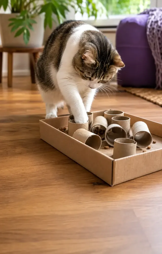 Gato procurando ração em uma caixa com rolinhos de papelão