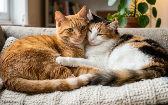 Dois gatos abraçados no sofá