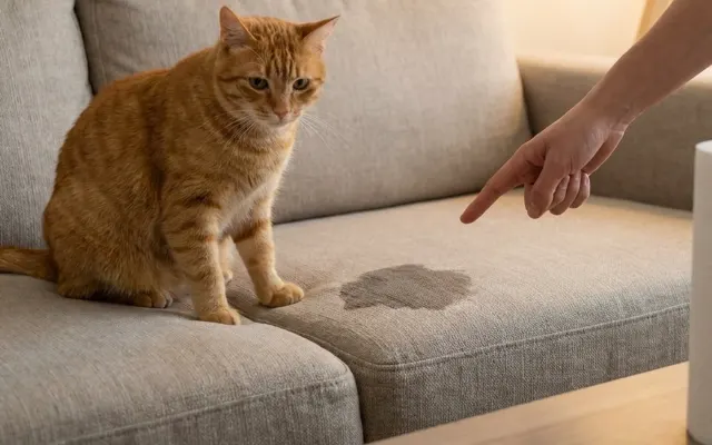 Gato sentado no sofá ao lado de uma mancha de xixi