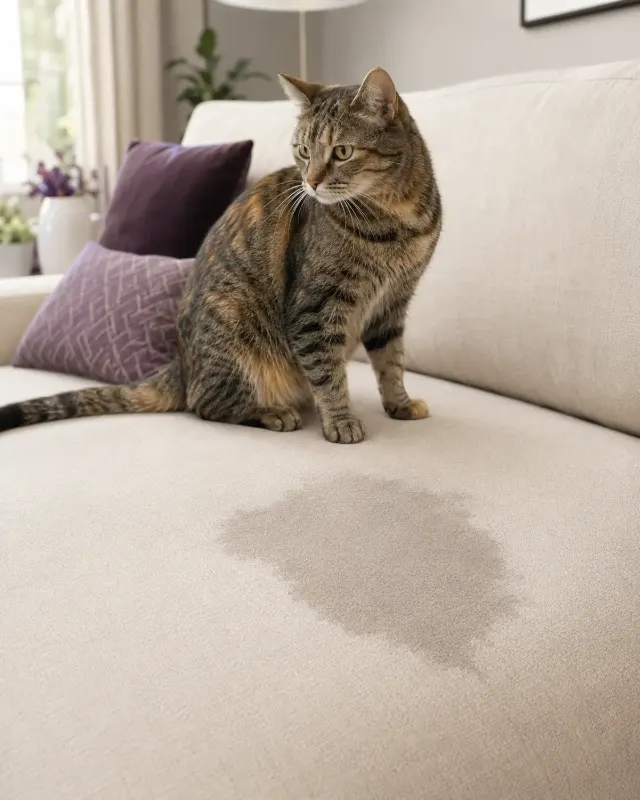 Gato sentado no sofá ao lado de uma mancha de xixi