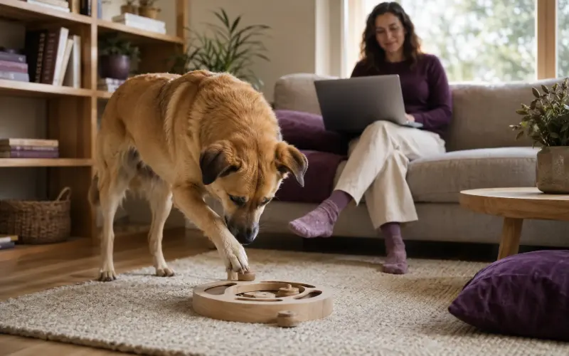 Cão brincando com um brinquedo de enriquecimento enquanto a tutora estuda no notebook