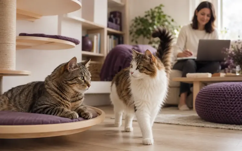 Dois gatos em uma sala com arranhador enquanto a tutora estuda no notebook