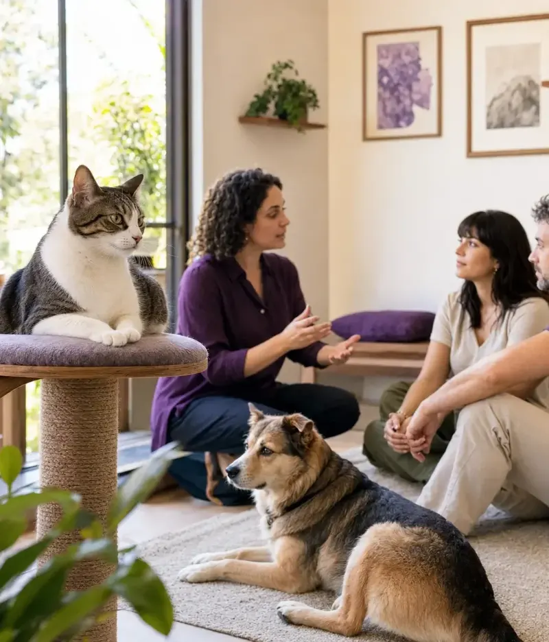 Especialista do Instituto conversa com tutores em uma sala com gato e cão