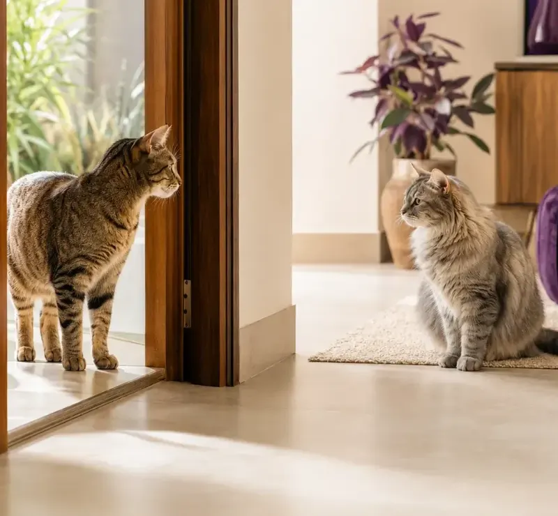 Dois gatos se observando na entrada da sala
