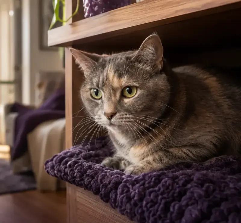 Gato assustado escondido em uma estante