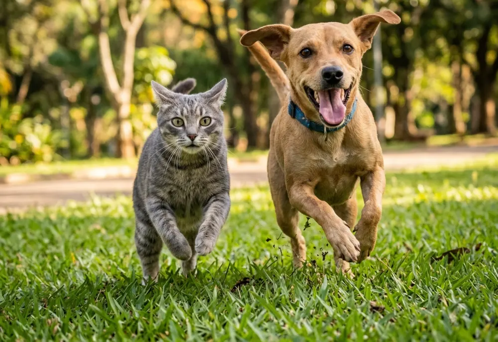 Gato e cachorro correndo juntos no gramado