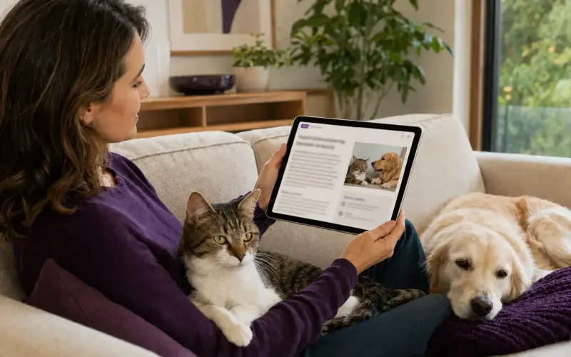 Tutora lendo um livro digital no tablet com gato no colo e cão ao lado